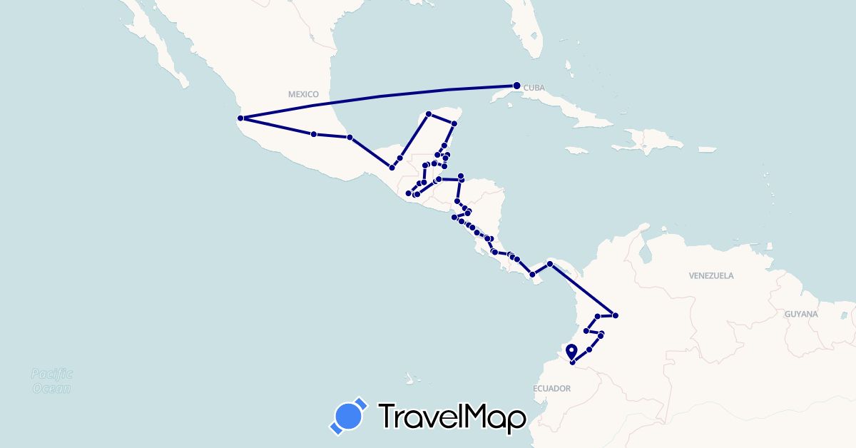 TravelMap itinerary: driving, plane in Belize, Colombia, Costa Rica, Cuba, Ecuador, Guatemala, Honduras, Mexico, Nicaragua, Panama (North America, South America)